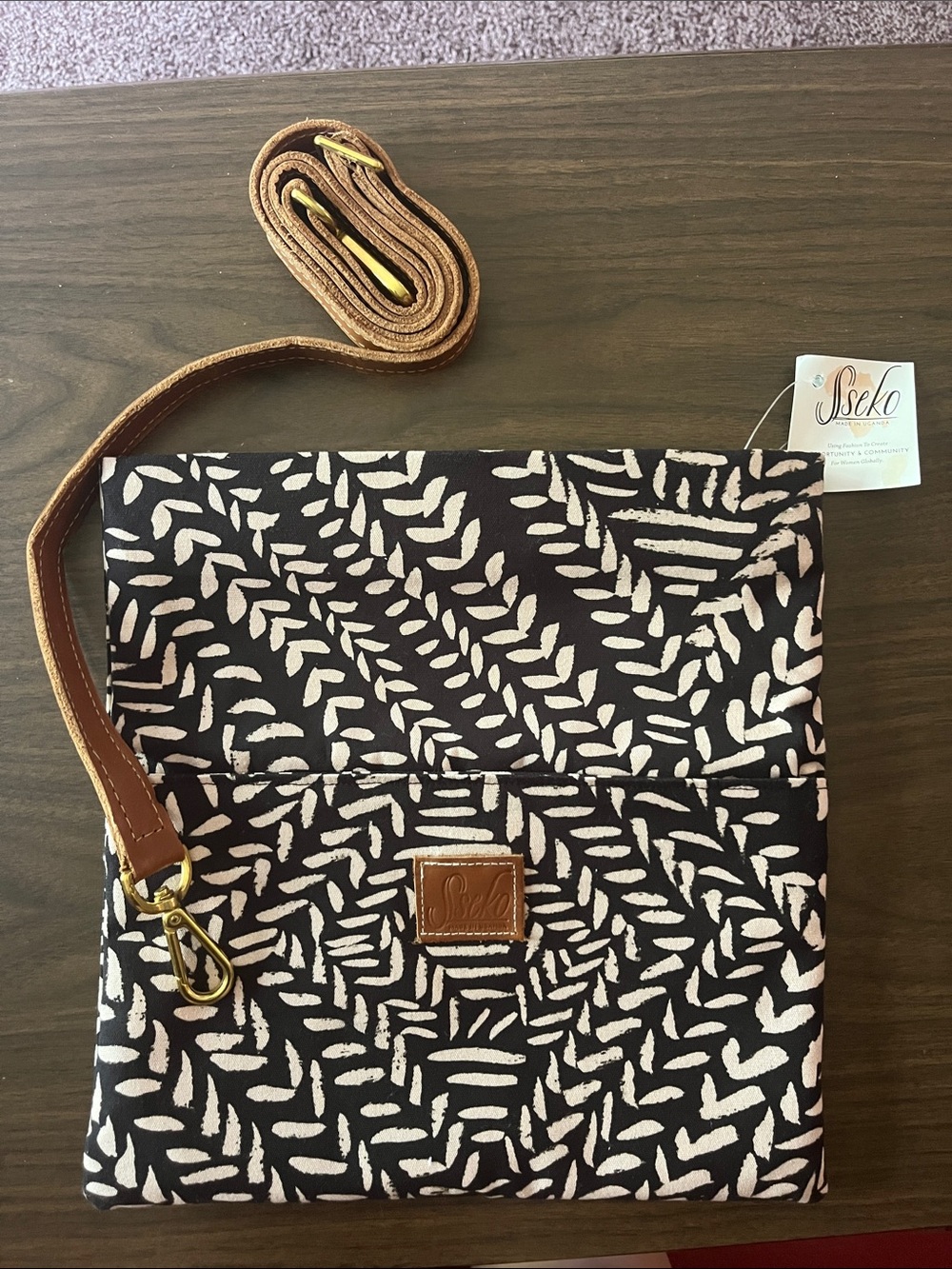 Sseko Black & Cream Printed Crossbody Satchel with Brown Leather Trim